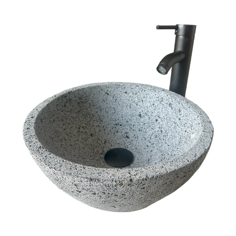 Lavabo Ovalin de Piedra Volcánica de 35cm de Diámetro con Mezcladora y Kit de Instalación
